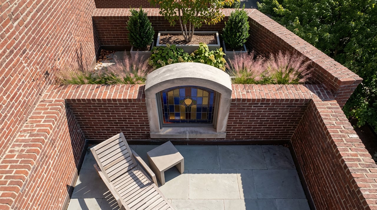 Overhead rooftop terrace with limestone pavers, brick parapet, and an arched dormer with cobalt, amber, and garnet stained glass.