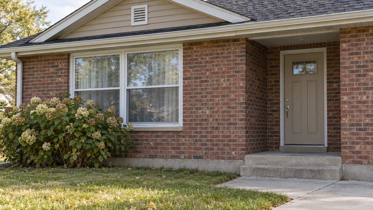 Close view of a brick home's sheltered tan entry, white-framed window, concrete steps and fading cream hydrangea beside a clipped lawn.