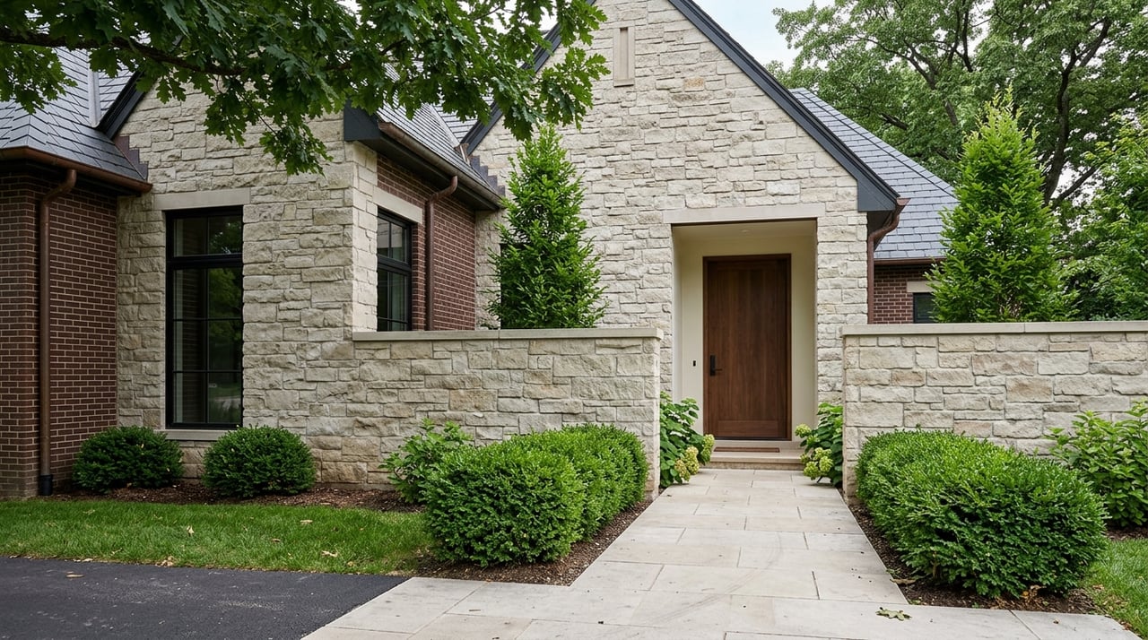 Steep-gabled stone facade with a recessed walnut entry partly screened by evergreens and a limestone garden wall.
