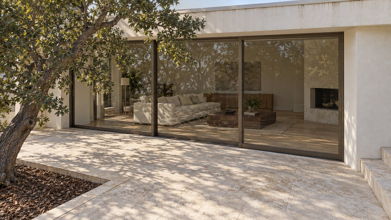 Elevated view of a limestone terrace beside a modern stucco home, with bronze-framed glass doors and a mature oak.