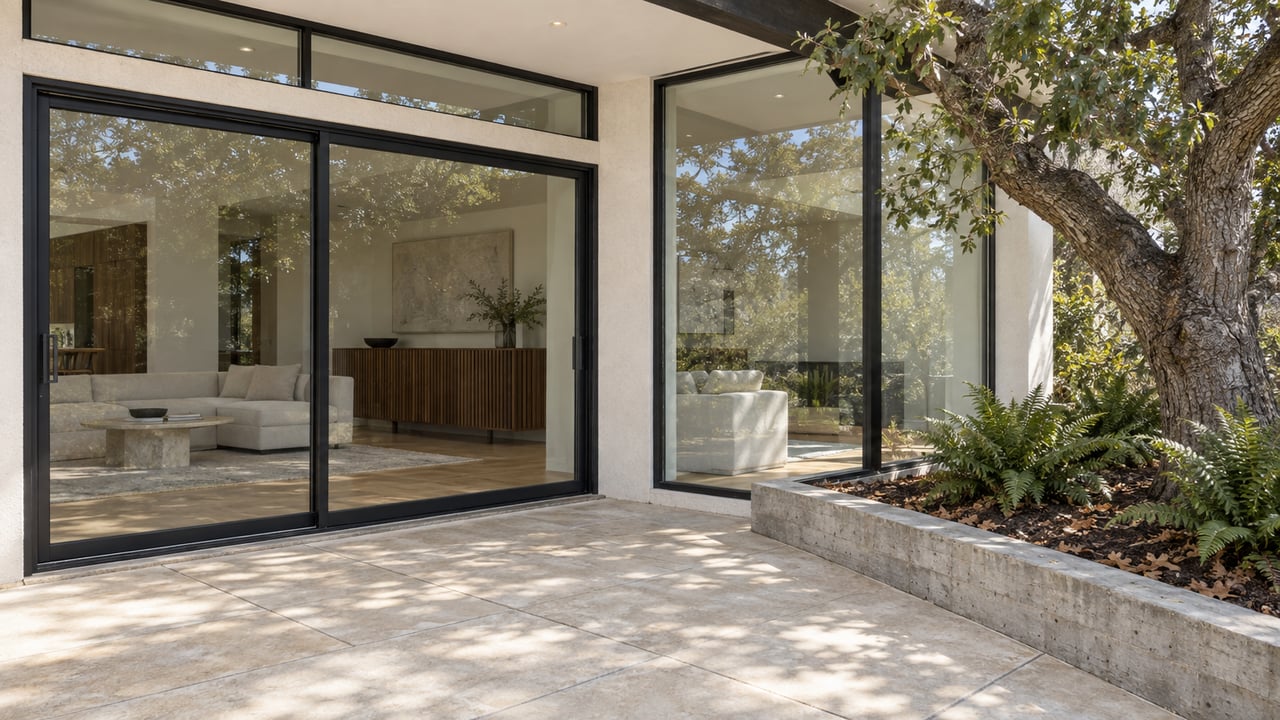 Close view of a glazed contemporary home beside a pale limestone terrace, with walnut cabinetry inside and a mature oak beside a raised planting bed.