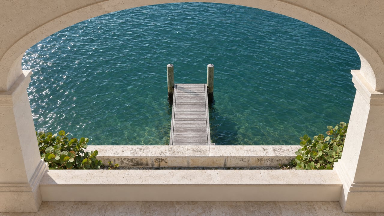 A teak dock projects into rippling canal water beside a long limestone seawall, framed by a stucco arch.