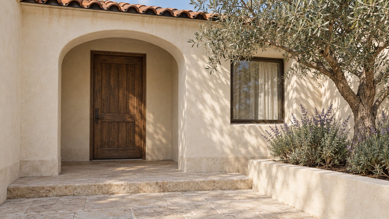 Cream stucco home entrance with an arched wooden door, terracotta eaves, sandstone step and a silver-leaved olive tree.