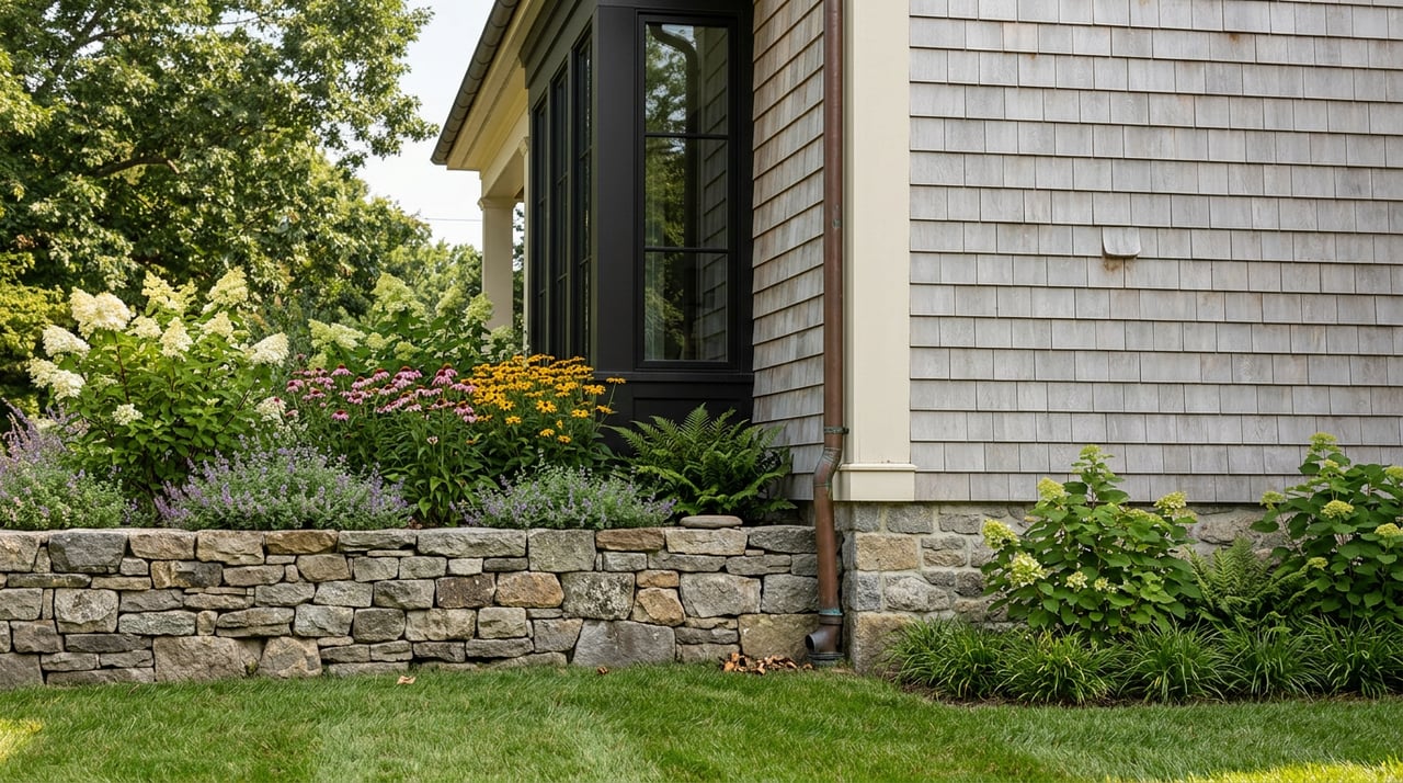Cedar-shingled house corner meets a fieldstone garden wall, with summer flowers and copper downspout.