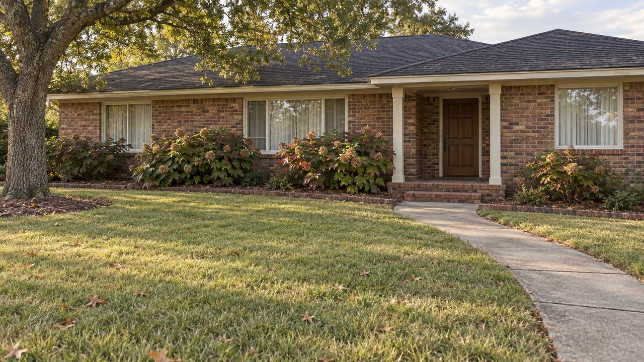 A well-kept brick ranch with cream window frames, a recessed porch, broad front lawn and mature willow oak.
