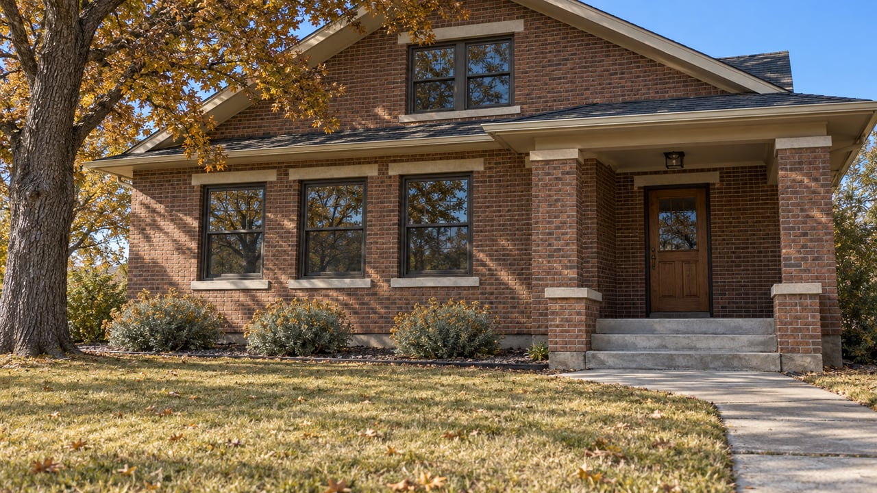 A brick gabled home behind a broad tawny autumn lawn, with a mature oak, silver rabbitbrush, and a concrete path leading to its recessed porch.