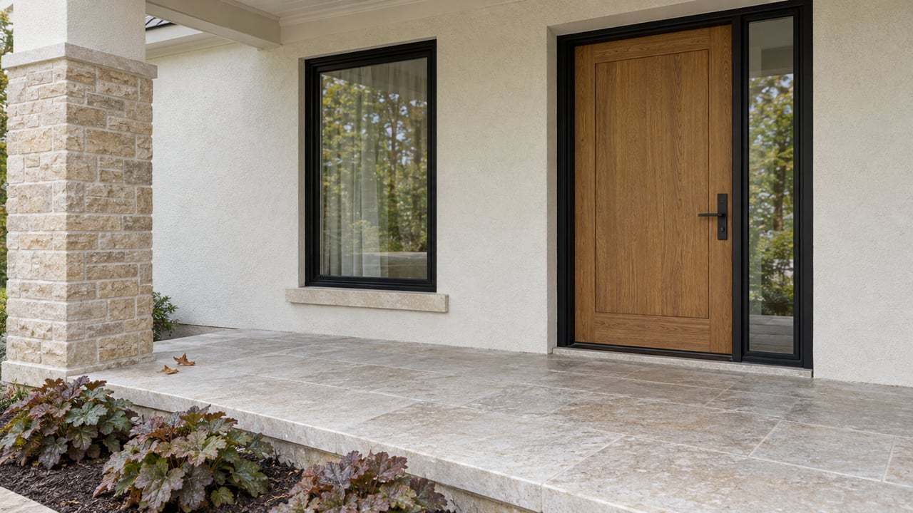 Covered home entry with an oak front door, black-framed glazing, ivory stucco, buff brick and worn limestone paving beside bronze-green coral bells.