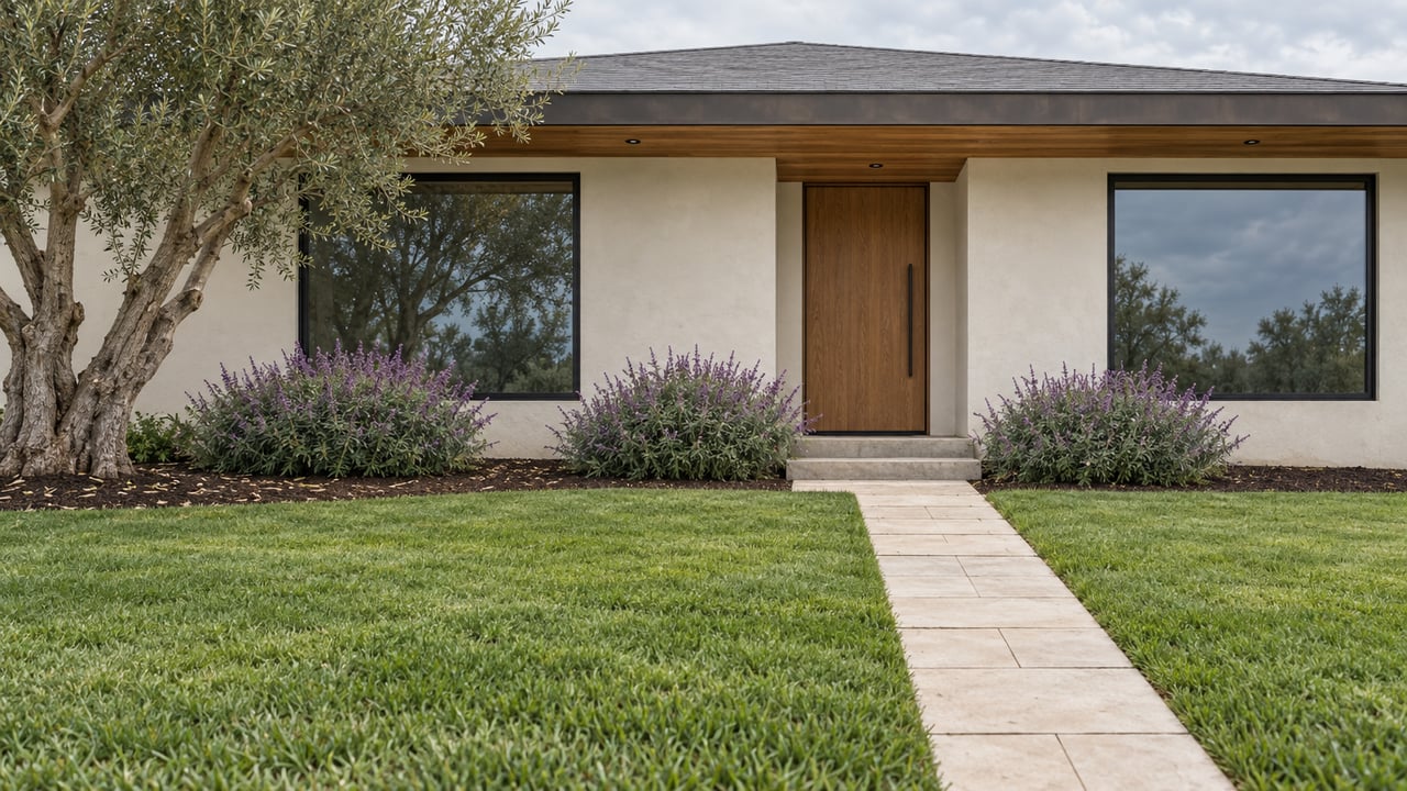 Low modern house with ivory stucco, oak door, broad windows, and a lawn path beneath an olive tree.