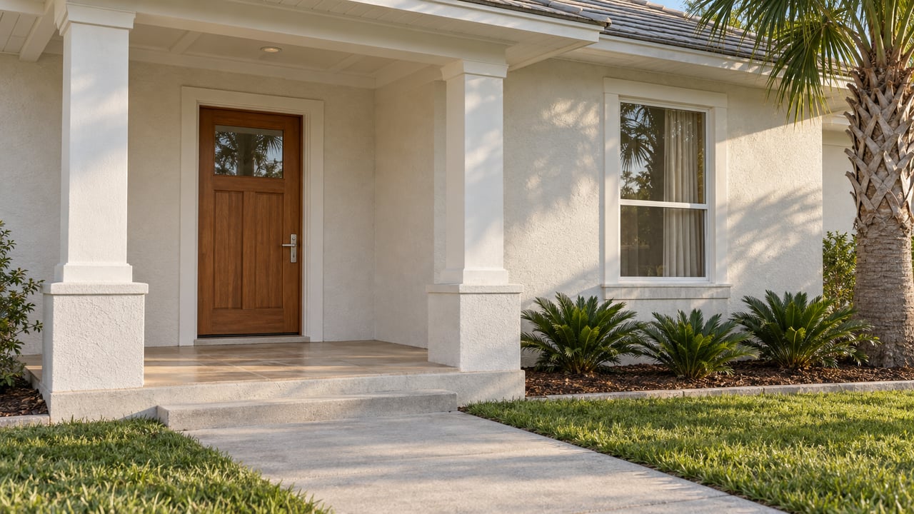 Sunlit white stucco home entrance with a tiled covered porch, wood door, tall window and palm beside an edged lawn.