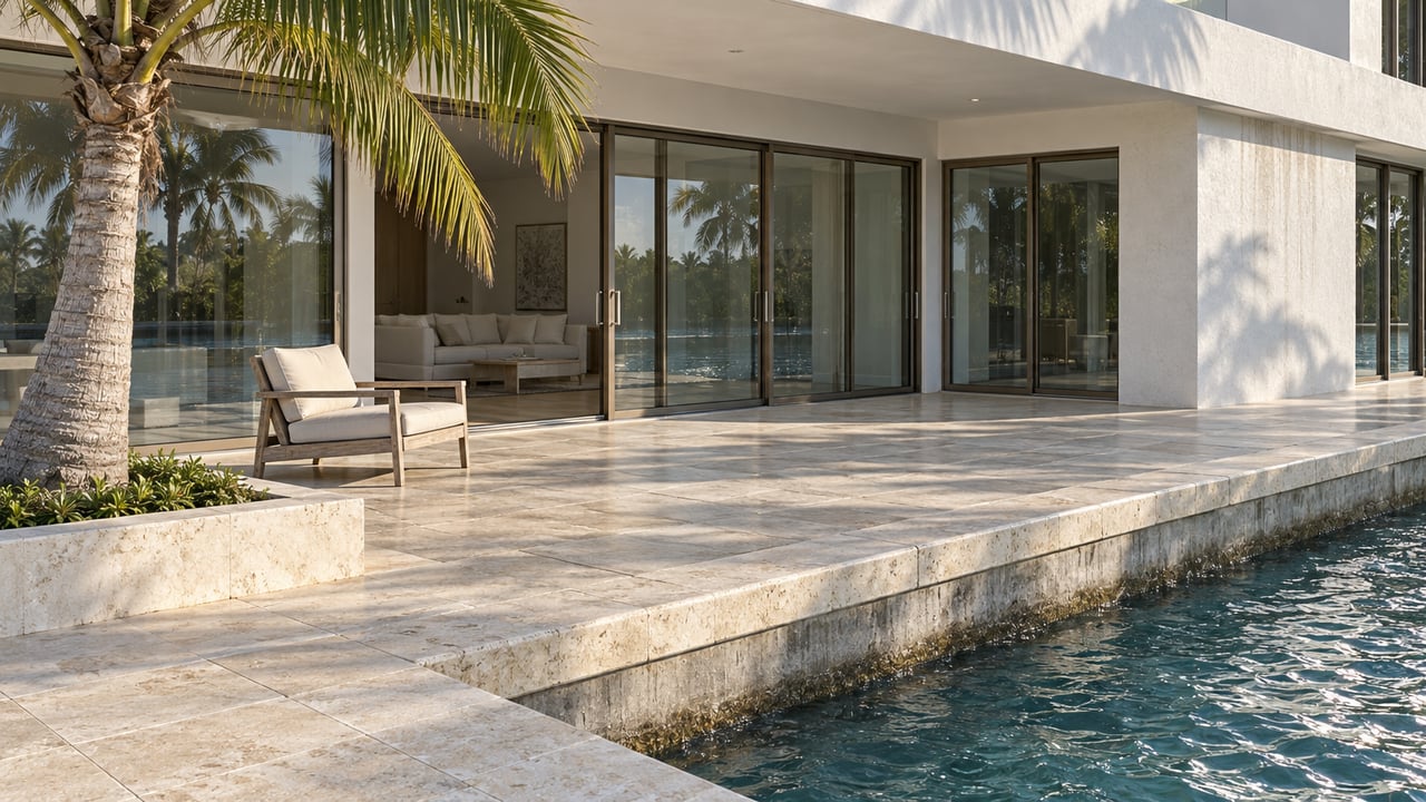 Contemporary white waterfront home with a limestone terrace, bronze-framed glass doors and a raised seawall beside blue-green water.