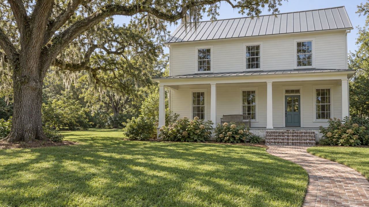 Cream clapboard home with a broad porch, weathered brick approach and spacious lawn beside a mature live oak.