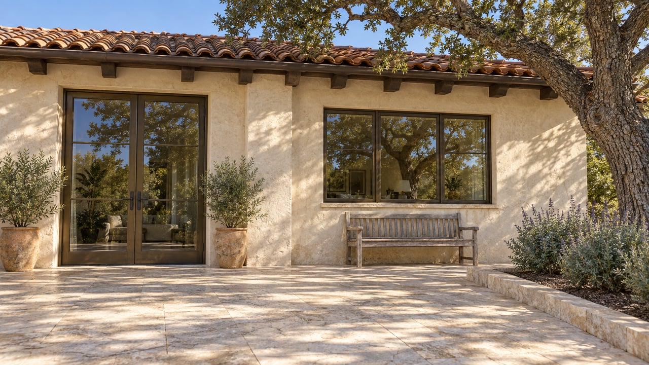 Morning light on a clay-tiled stucco estate home, bronze-framed windows and limestone terrace beside a mature oak.