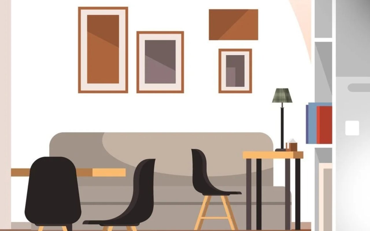 Illustrated staged living room with a beige sofa, dark chairs, and framed wall art.