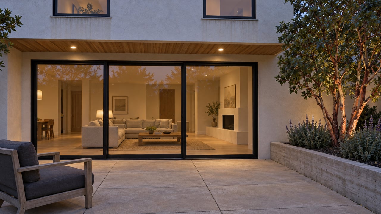 Contemporary stucco home at dusk with black-framed glass doors, a cedar overhang and a paved terrace beside a strawberry tree.