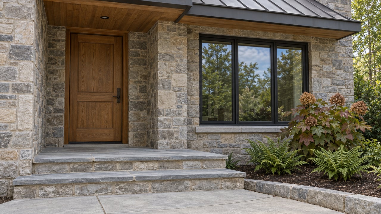 Stone-clad residential entry with an oak door, black-framed window, bluestone steps and autumn oakleaf hydrangea.