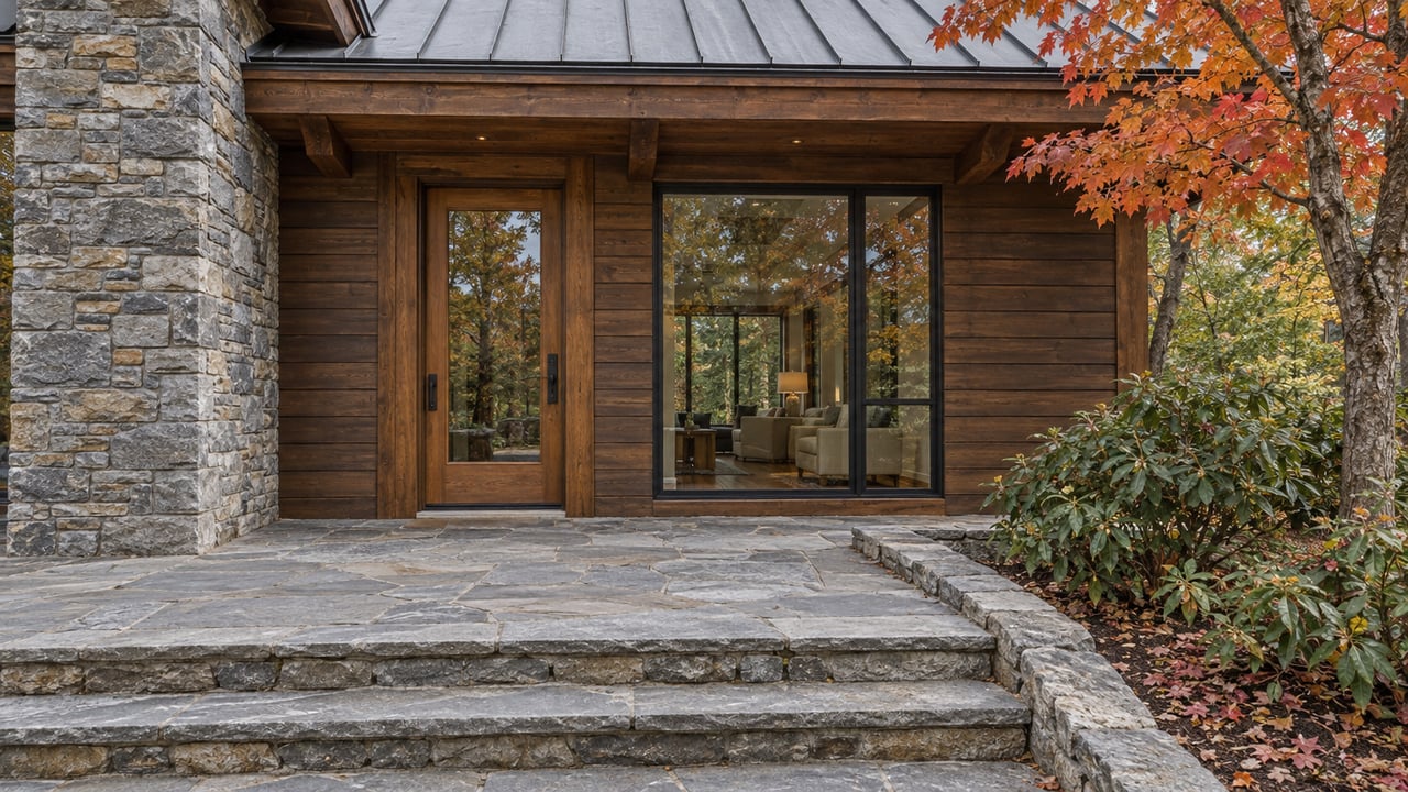 Autumn light on a timber home's glazed oak entrance, gray stone steps and red maple planting.