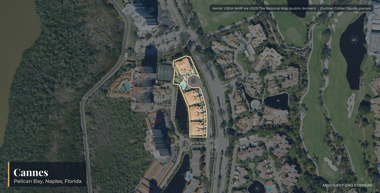 Aerial view of Cannes at Pelican Bay, Naples, Florida, with its parcels outlined