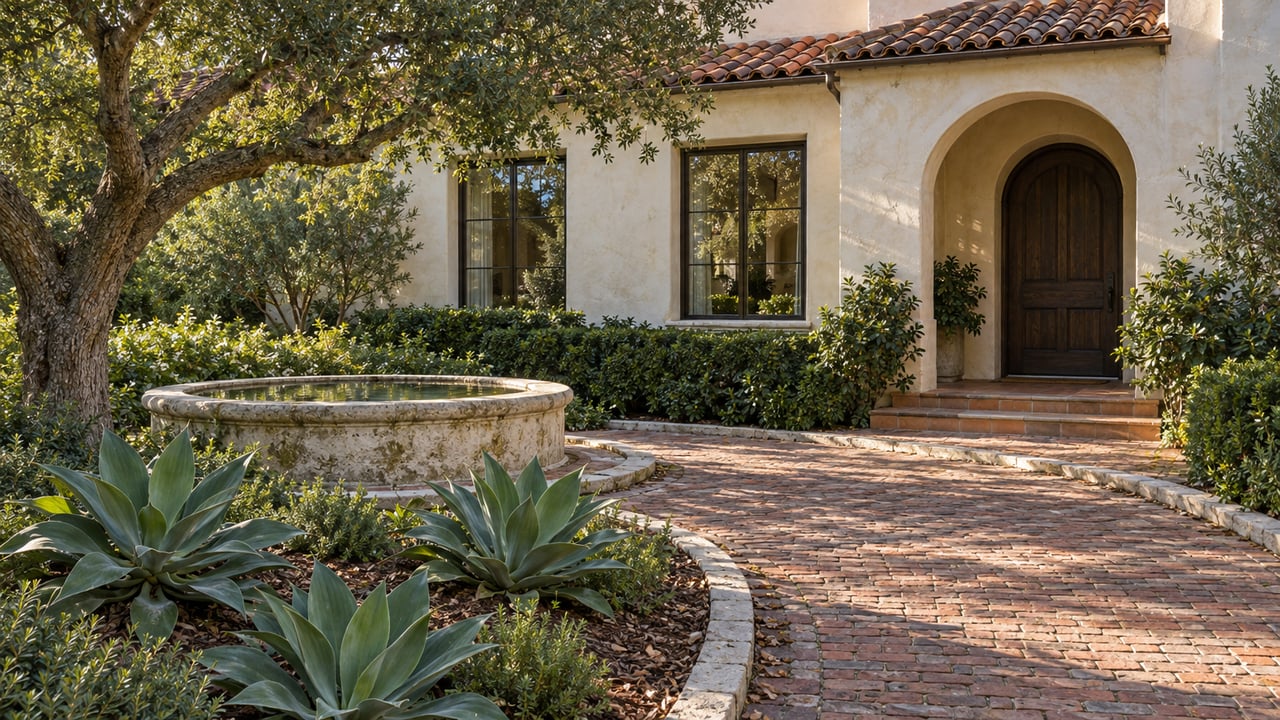 Morning light on a cream stucco villa beyond a brick garden approach, with a mature oak, sculptural agaves and a limestone basin.