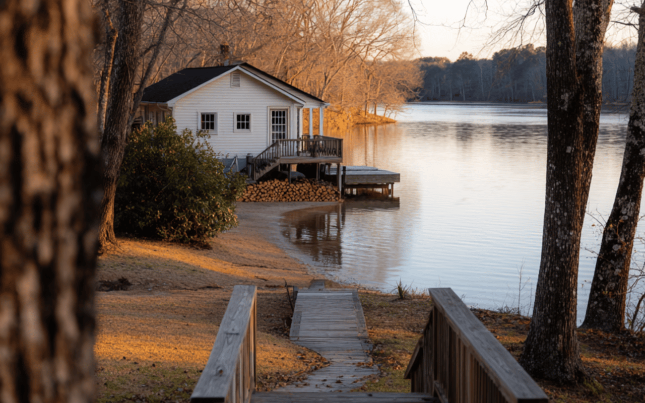 White lakeside house with a wooden deck beside calm water, viewed from a shore walkway.