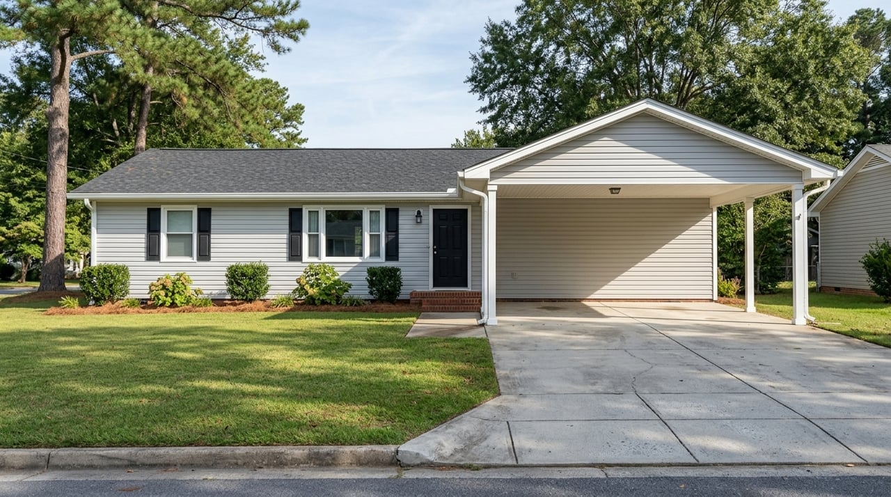 One-story ranch house with a carport, long driveway, and broad front lawn.