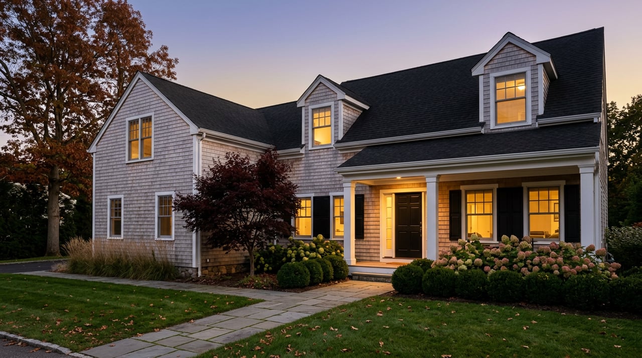 Shingle-style house glows through warm windows above a lawn and diagonal stone walk at dusk.