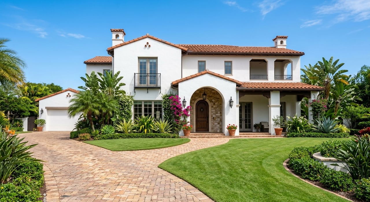 Two-story white stucco home with arched porch, terracotta roofs, brick walkway, palms, and coral-red flowers.