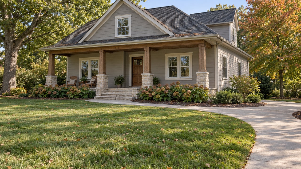 A gray clapboard home with a timber porch and limestone steps beyond a deep lawn, framed by a white oak and a sugar maple.