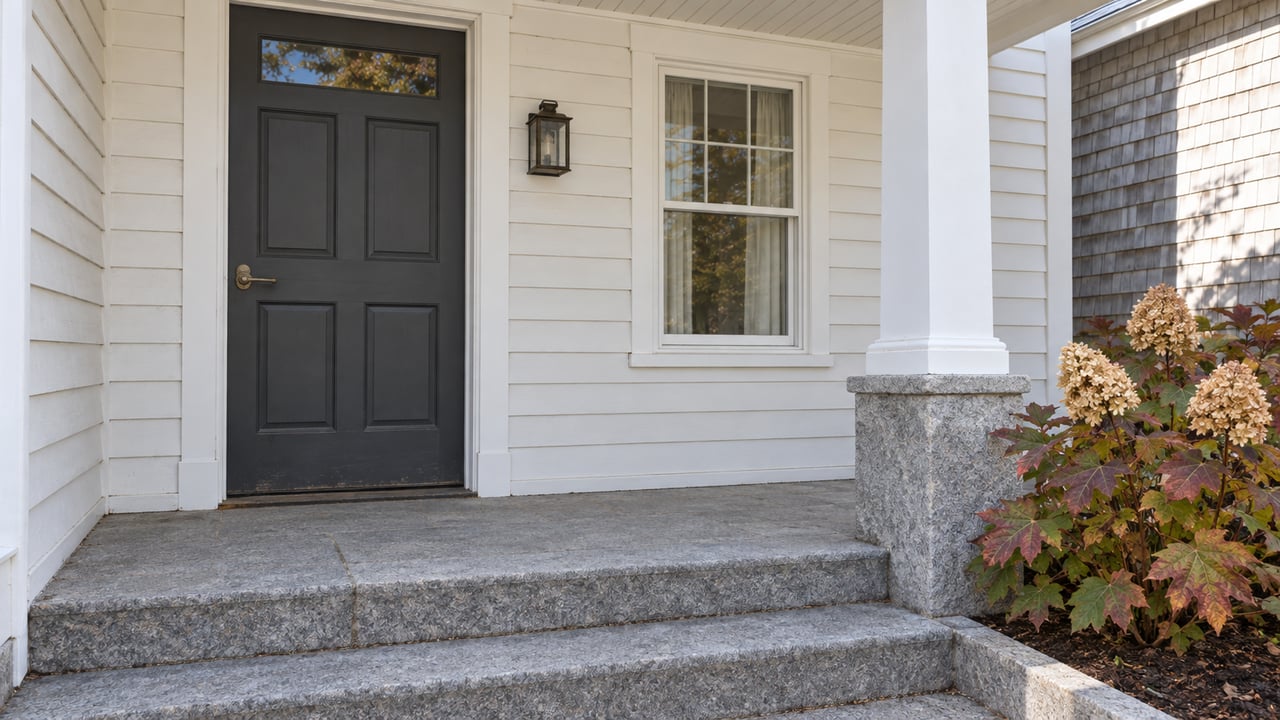 Close view of a white clapboard home's covered entry with a charcoal door, granite steps and autumn oakleaf hydrangea.