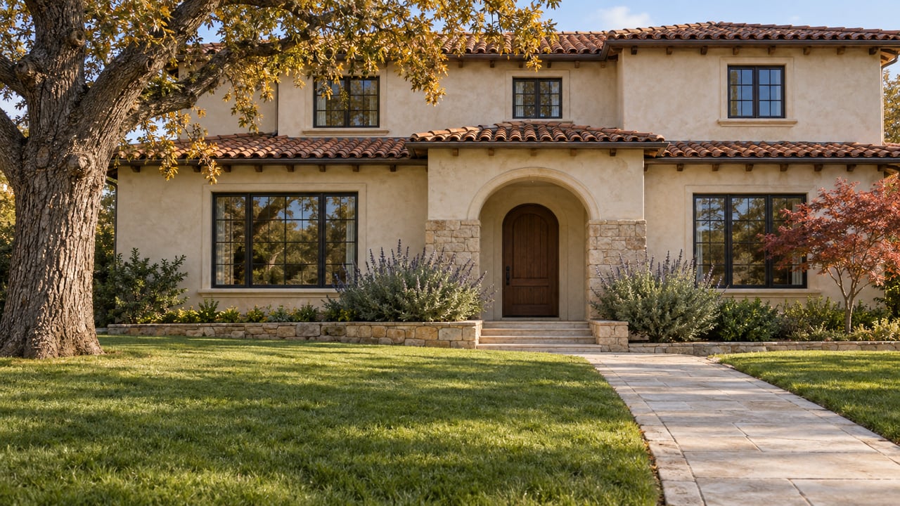 Warm afternoon light across a clay-tile-roofed stucco home beyond a deep lawn, with a mature oak and copper-red maple.