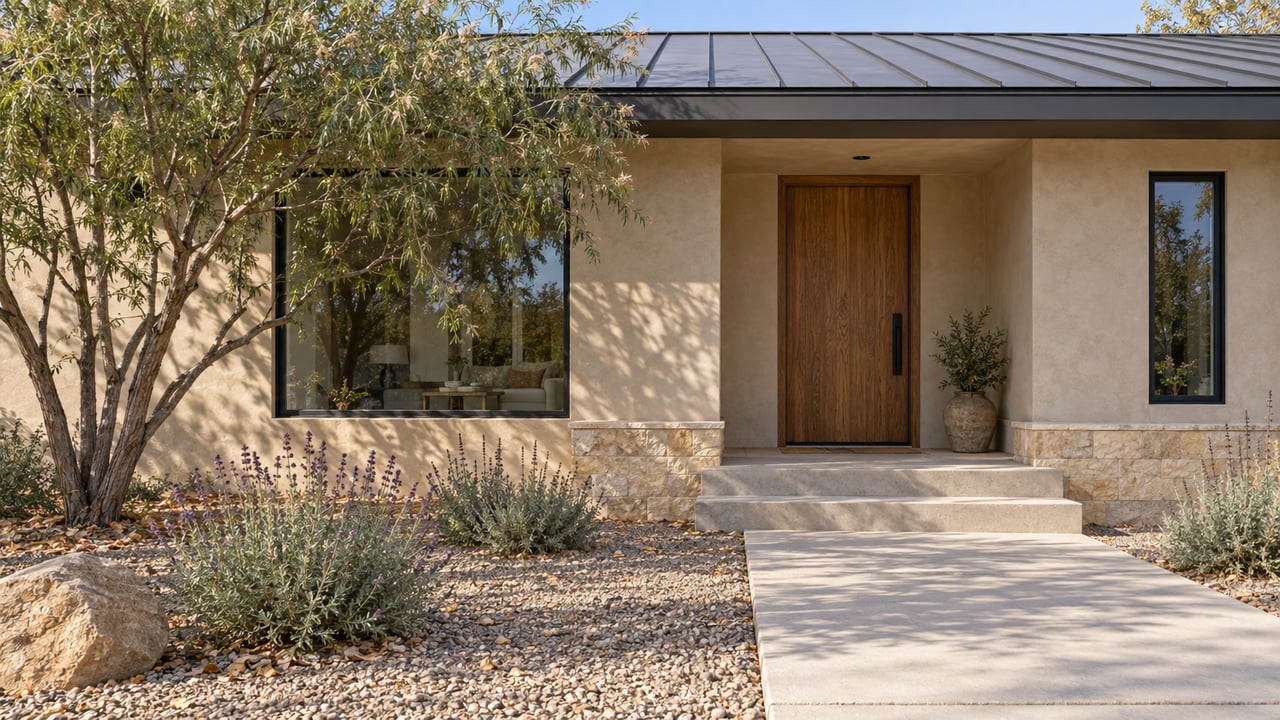 Modern home entrance with a tall wood door, stone accents, and drought-tolerant landscaping.