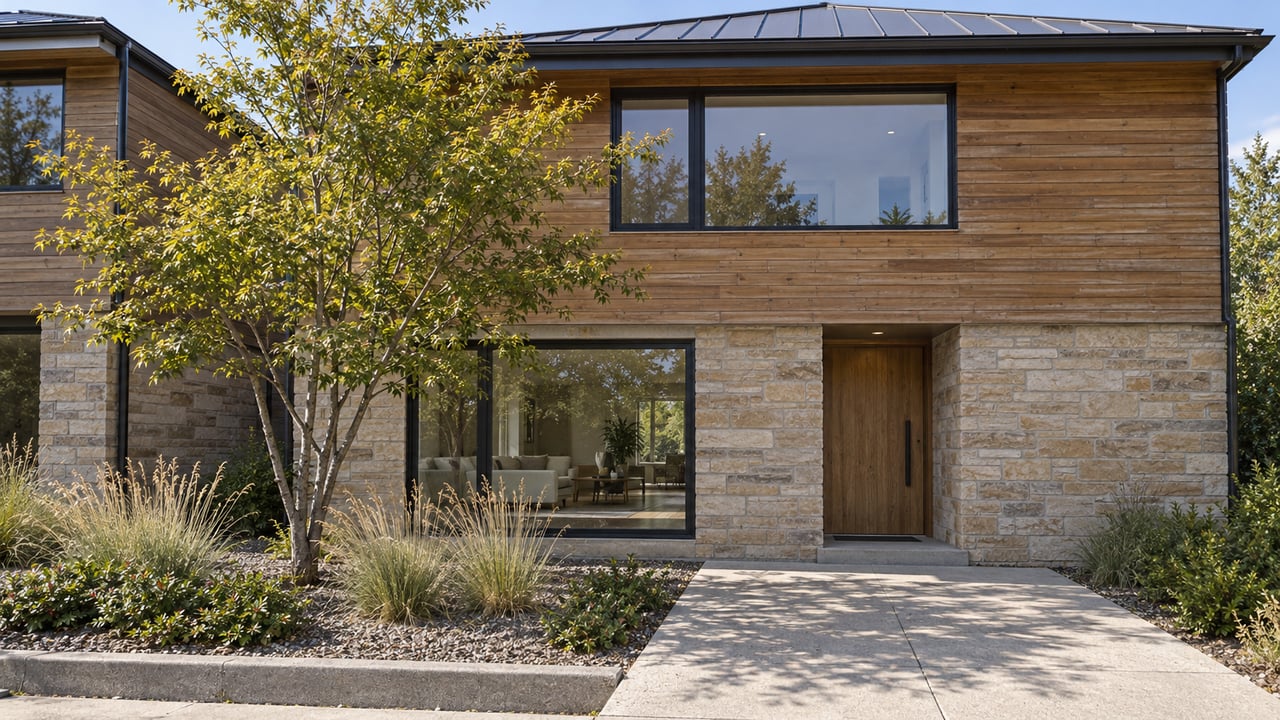 Contemporary attached home with cedar siding, sandstone walls, black-framed windows and a compact landscaped front approach.