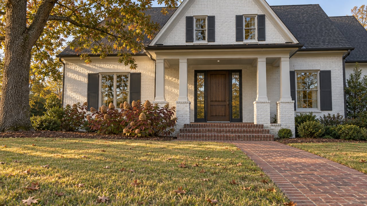 White-painted brick home with a covered entry, brick approach and deep autumn lawn beneath a mature oak.