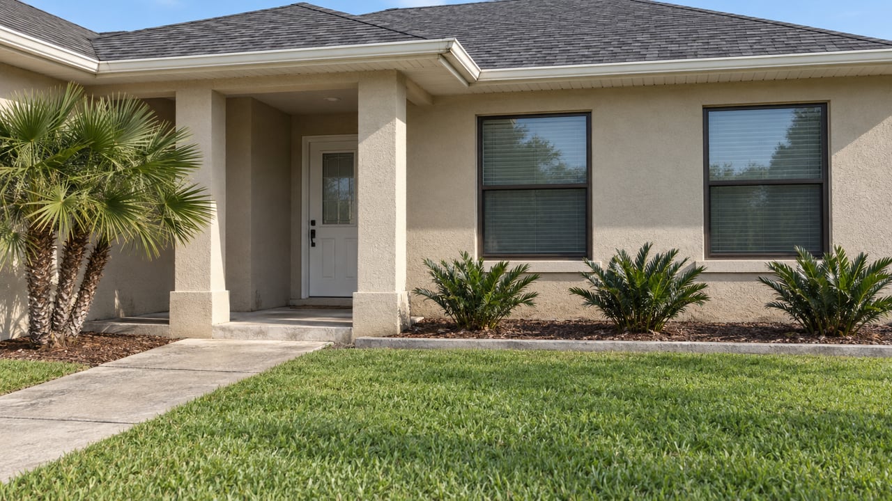 Beige single-story home with a recessed white entry, dark-framed windows, charcoal shingle roof and a concrete walk across a green lawn.
