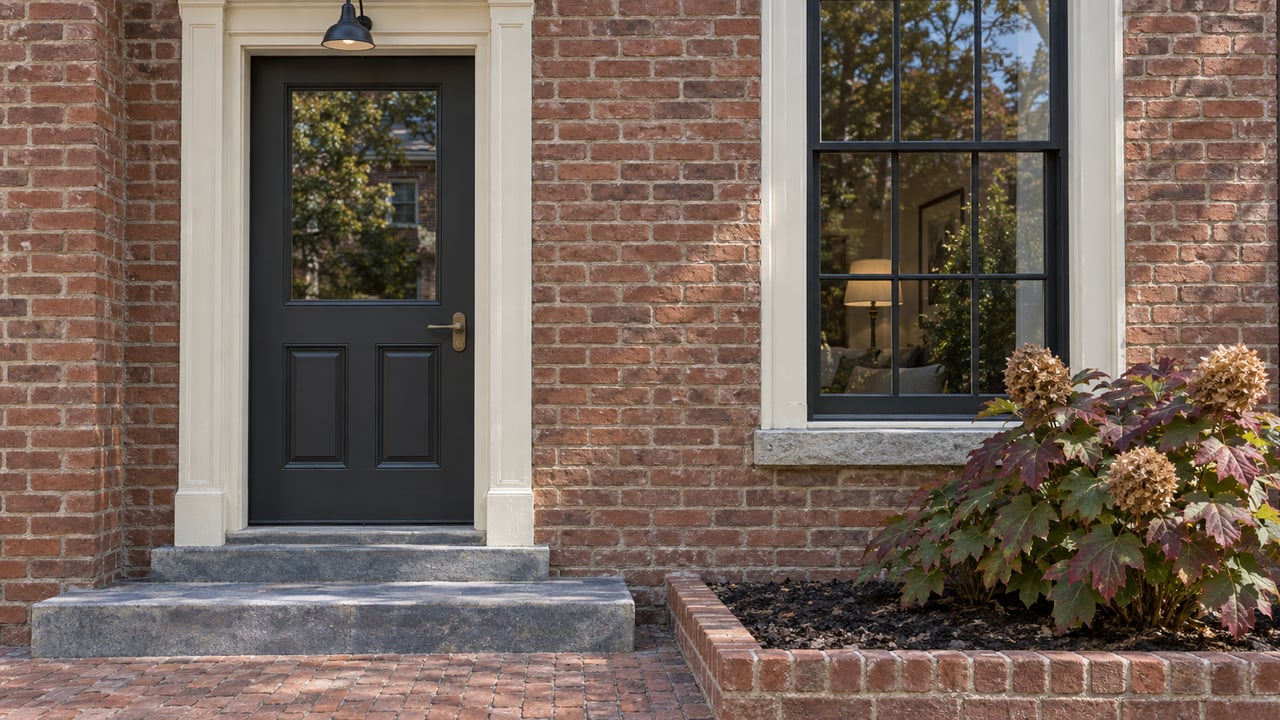 A charcoal residential door and black-framed window in warm brick, above worn bluestone steps beside burgundy oakleaf hydrangea.