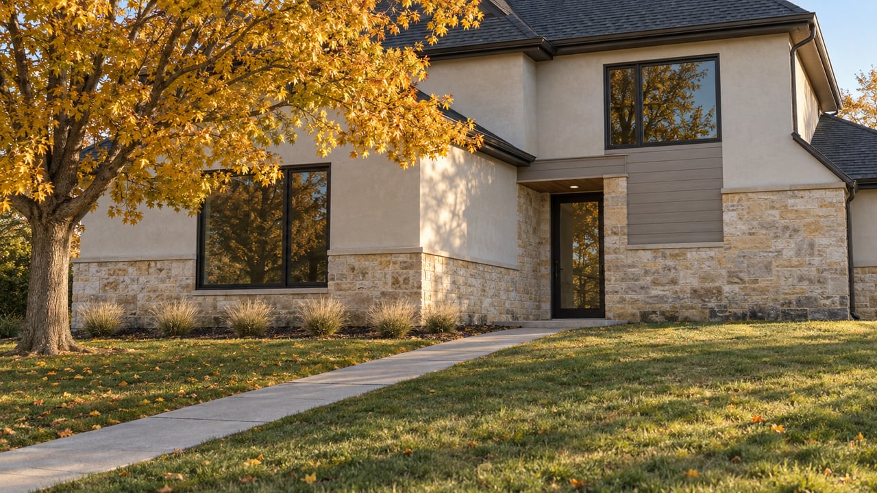 Two-story stucco and limestone house beyond a sloping lawn, with a golden tree beside the concrete path.