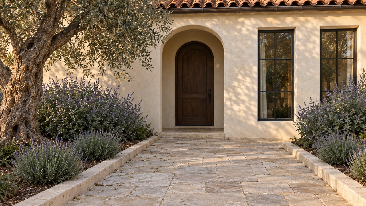 Cream stucco entry with an arched wooden door, dark-framed windows, and olive tree beside limestone paving.