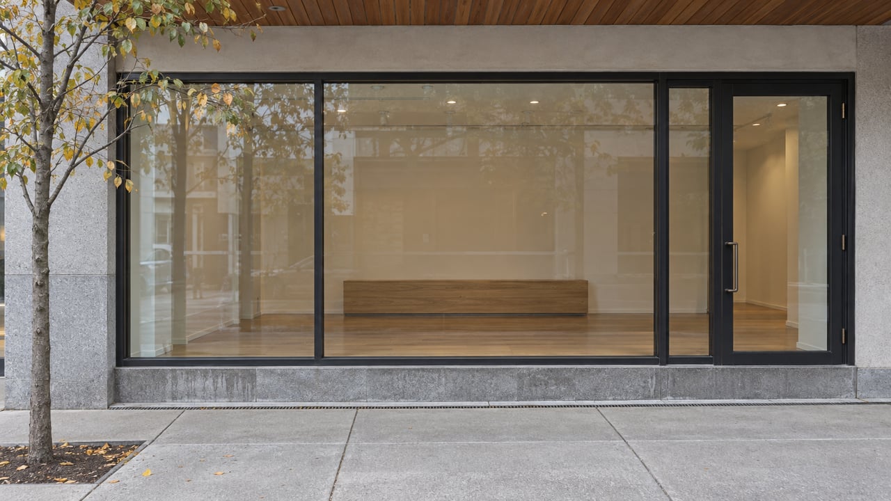 Closed glass storefront with black metal panels, an oak bench inside, and a small sidewalk tree.