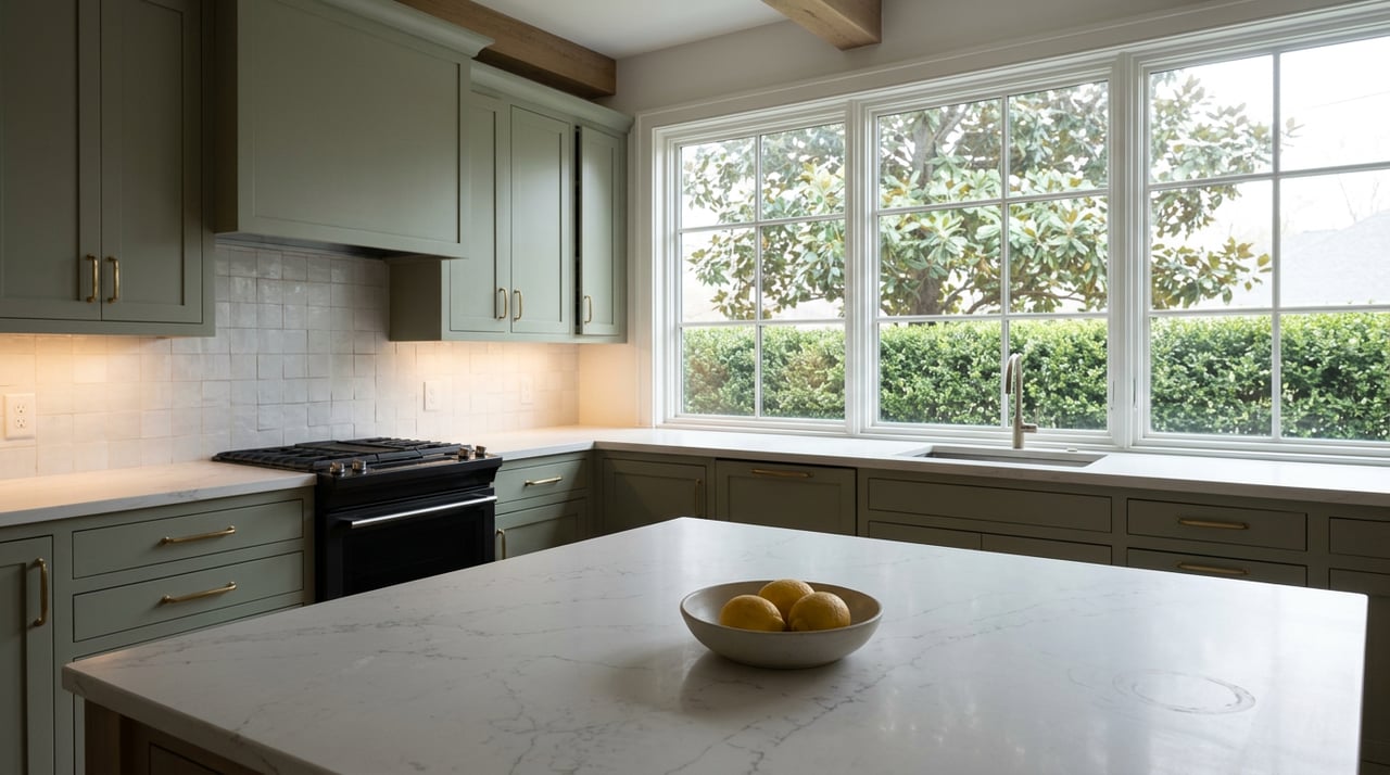 Sage-green kitchen with a white-veined island, bowl of lemons, brass pulls, and leafy garden beyond multi-pane windows.
