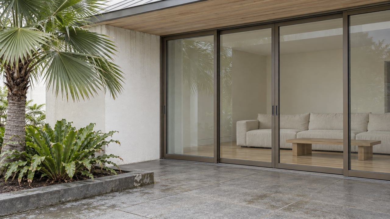 Covered terrace with basalt paving, bronze-framed glass doors, pale wood soffit, and a fan palm beside a recessed planting bed.