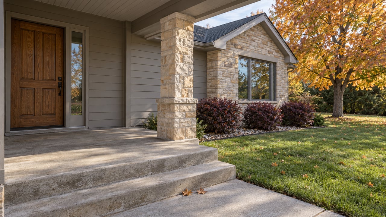 Home exterior with a covered porch, stone columns, concrete steps and autumn trees.