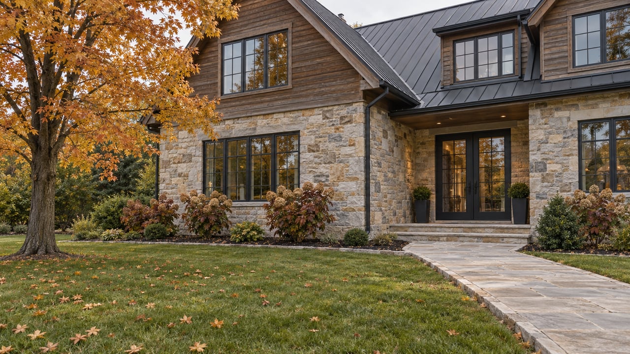 Autumn lawn and limestone walkway lead to a gabled home with weathered wood siding, stone walls and black-framed glazed doors.