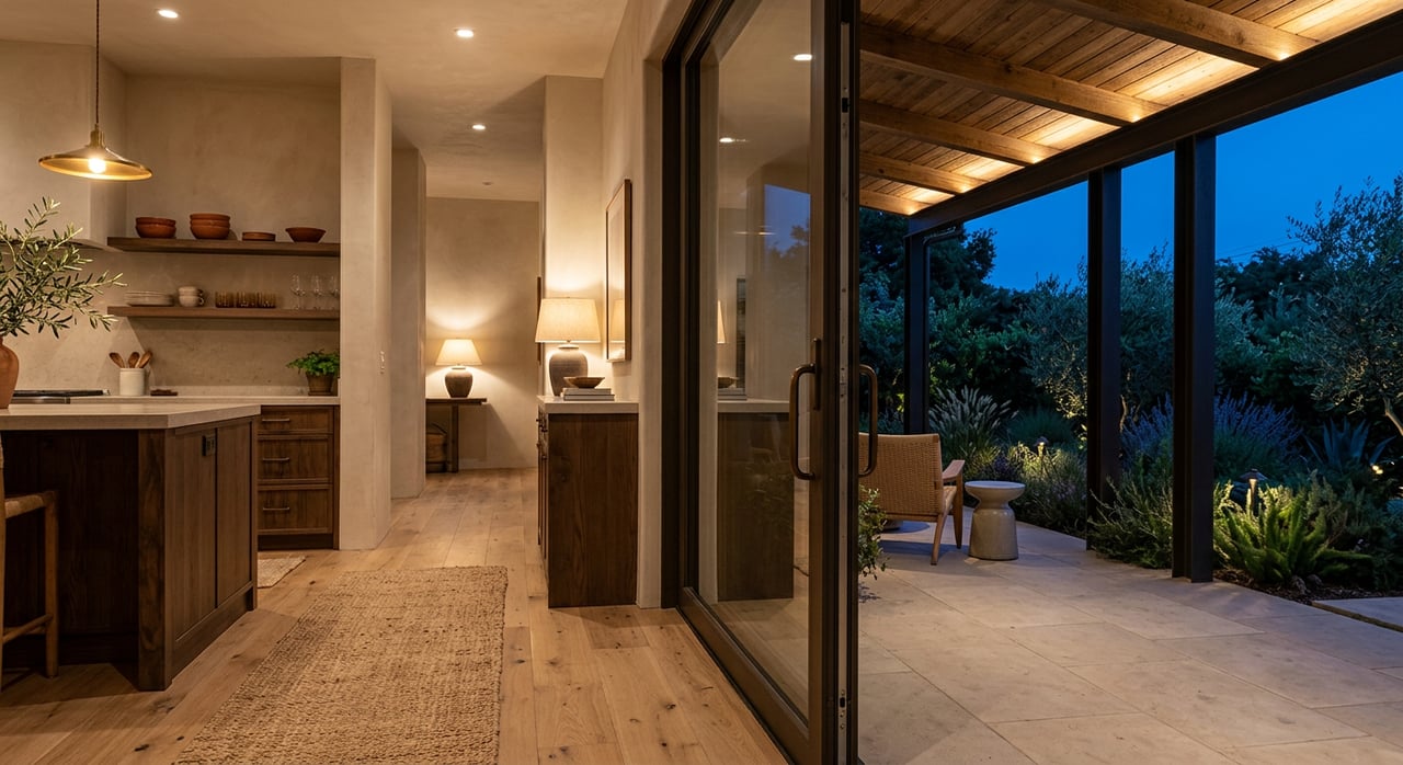 Sliding glass door opens from a warm-lit room onto a concrete patio and dusky backyard with grasses and shrubs.