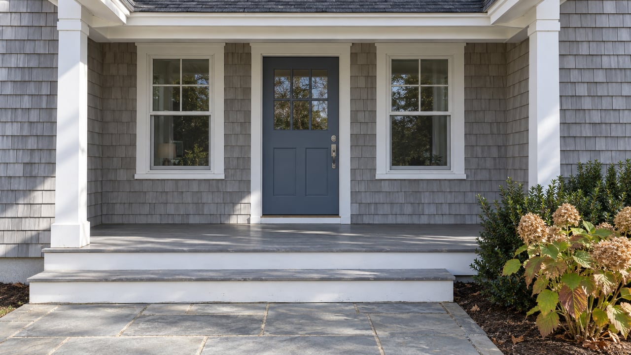 Gray shingled home entrance with a slate-blue door, white porch posts, bluestone landing and copper-colored oakleaf hydrangea leaves.