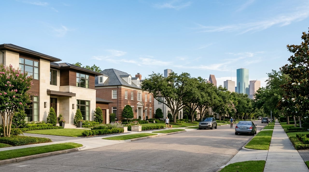 Tree-lined street with brick and stone homes and the Houston skyline in the distance.