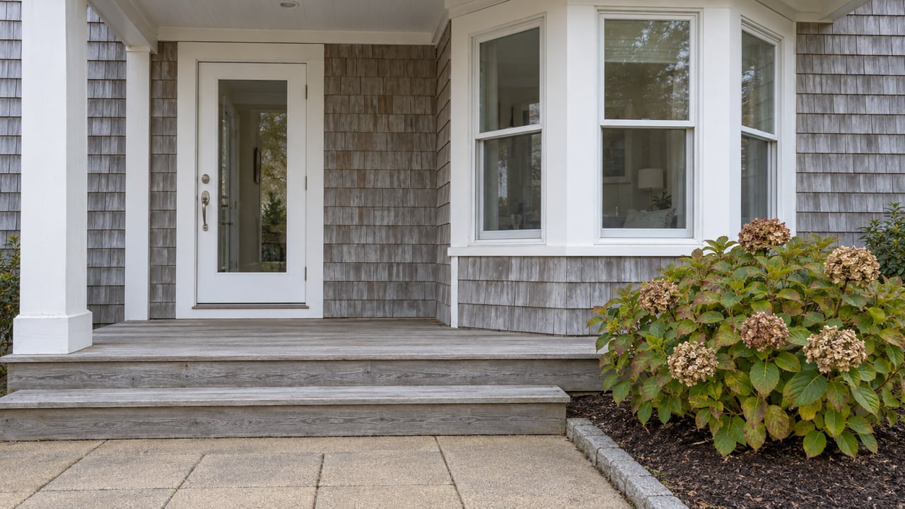 Weathered gray cedar shingles, a white glazed entry door and a three-sided window bay above timber porch steps, with an autumn hydrangea beside the paved approach.
