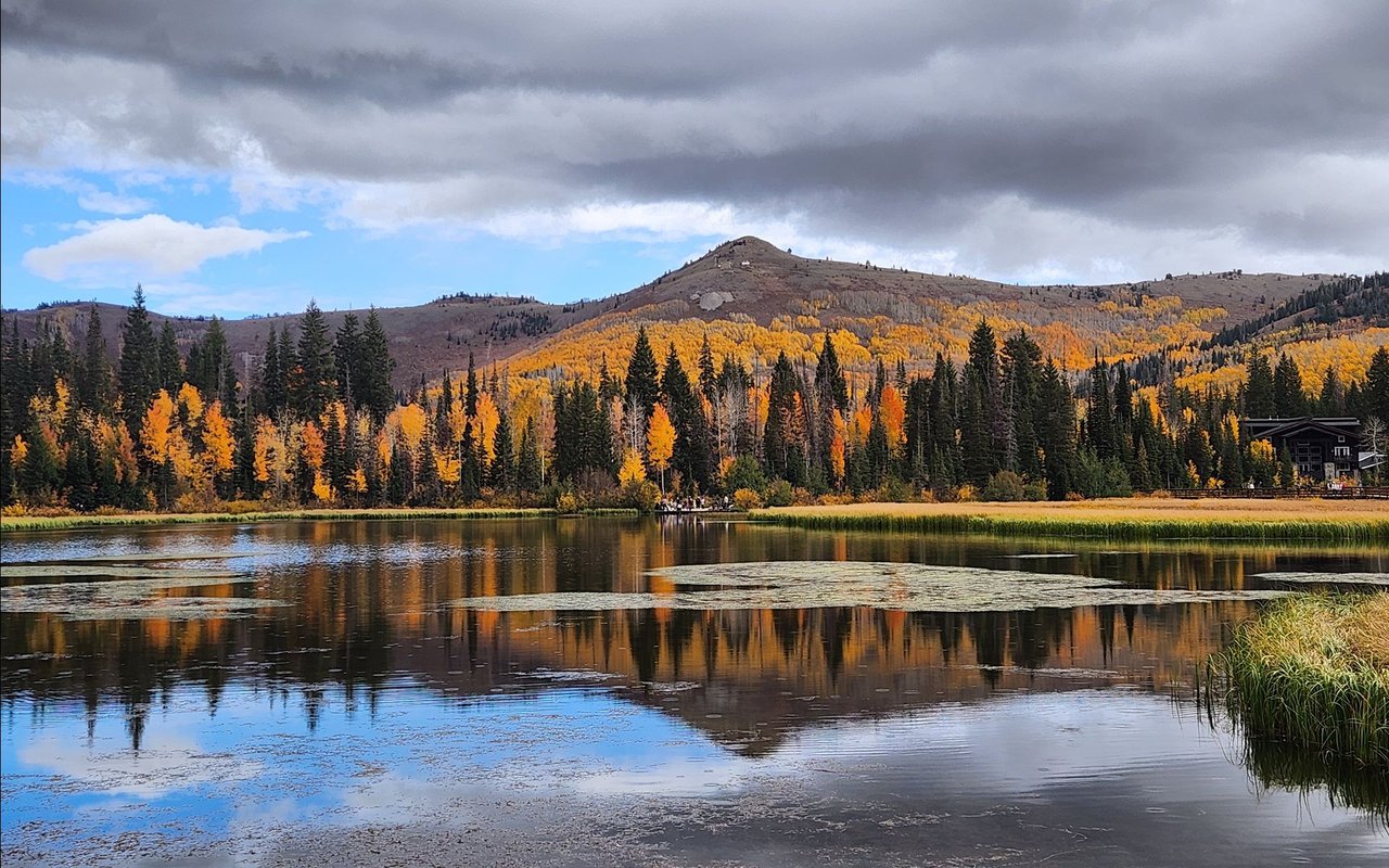 Lake reflecting golden autumn trees and a mountain ridge beneath cloudy skies.