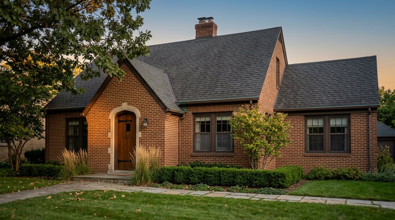 Brick Tudor Revival home with an arched wood door, multi-gabled roof, chimney, and oak branches at dusk.