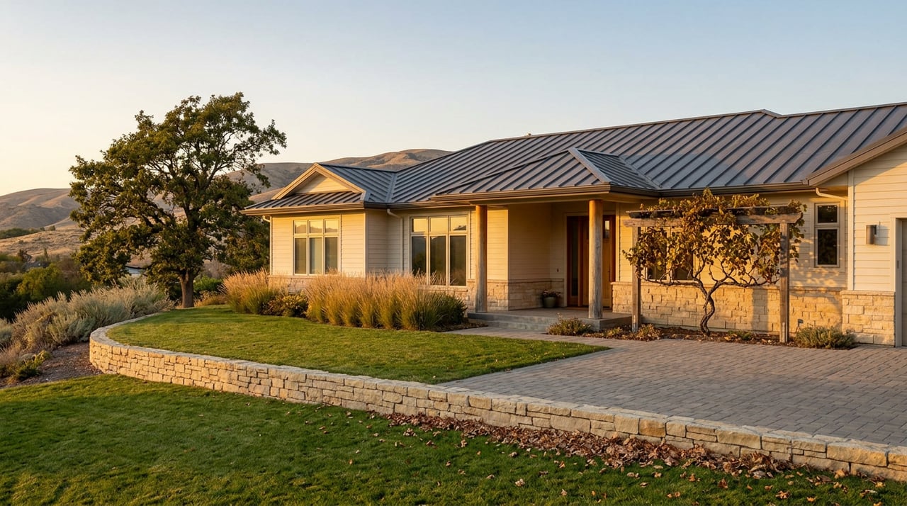 Warm-white home with a charcoal roof on a sloped lawn, framed by an oak tree, grapevine trellis, and distant hills.