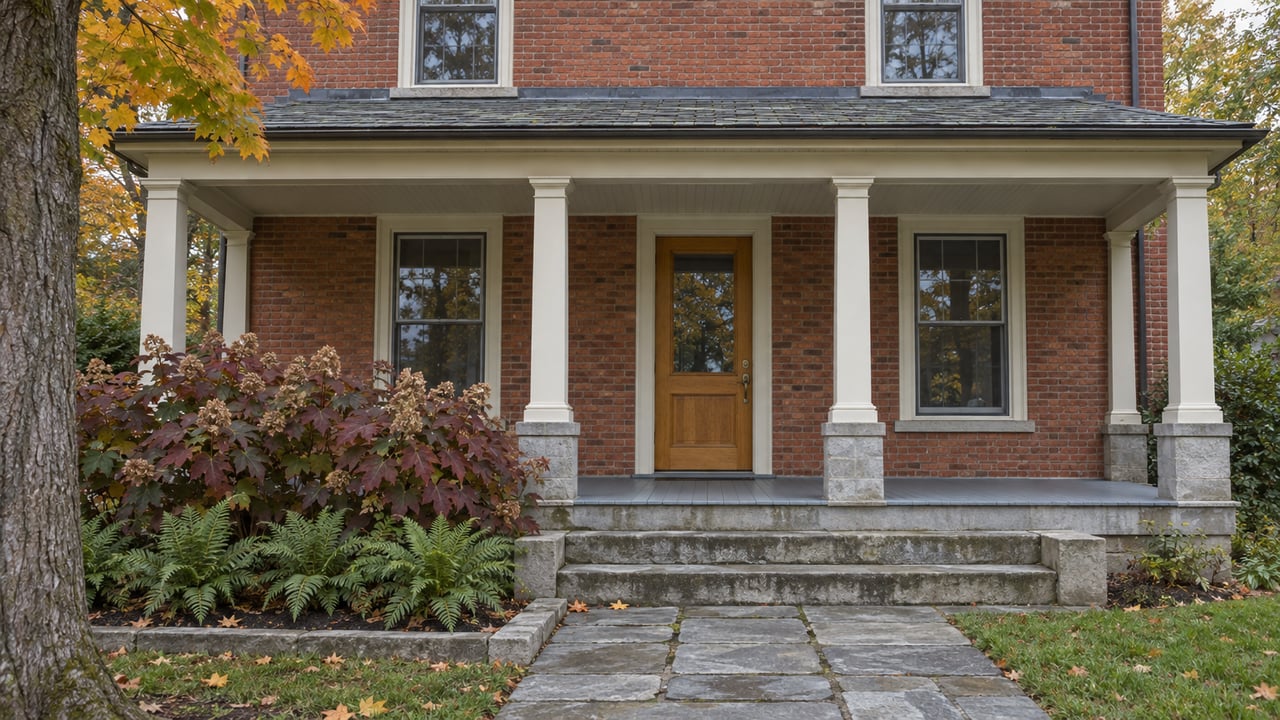 Historic red-brick home with a cream-painted porch, limestone steps and autumn garden planting in soft morning light.