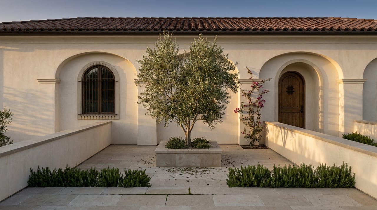 Spanish Revival courtyard with a two-story arched stucco facade, olive tree, limestone pavers, and magenta bougainvillea.